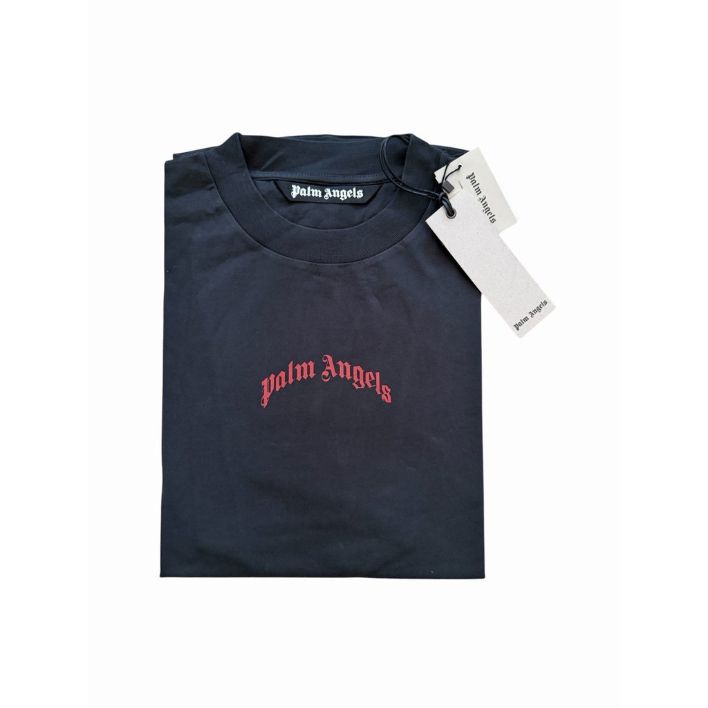 Palm Angels Mens Back Curved Logo Over T-Shirt Black Cotton Tee $330 Size S
