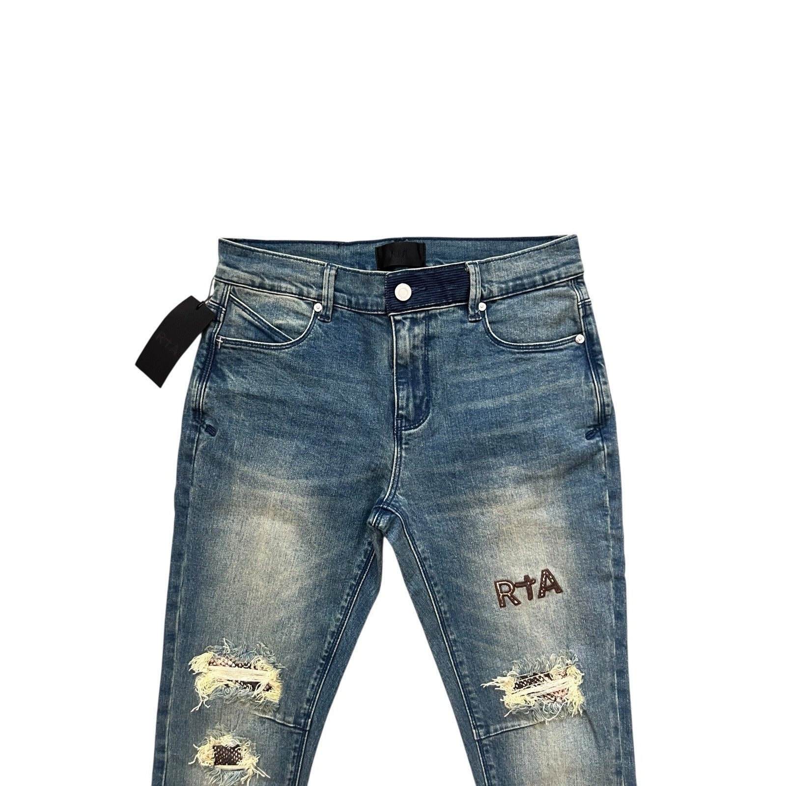 RtA Mens Distressed Snake Skinny Jeans