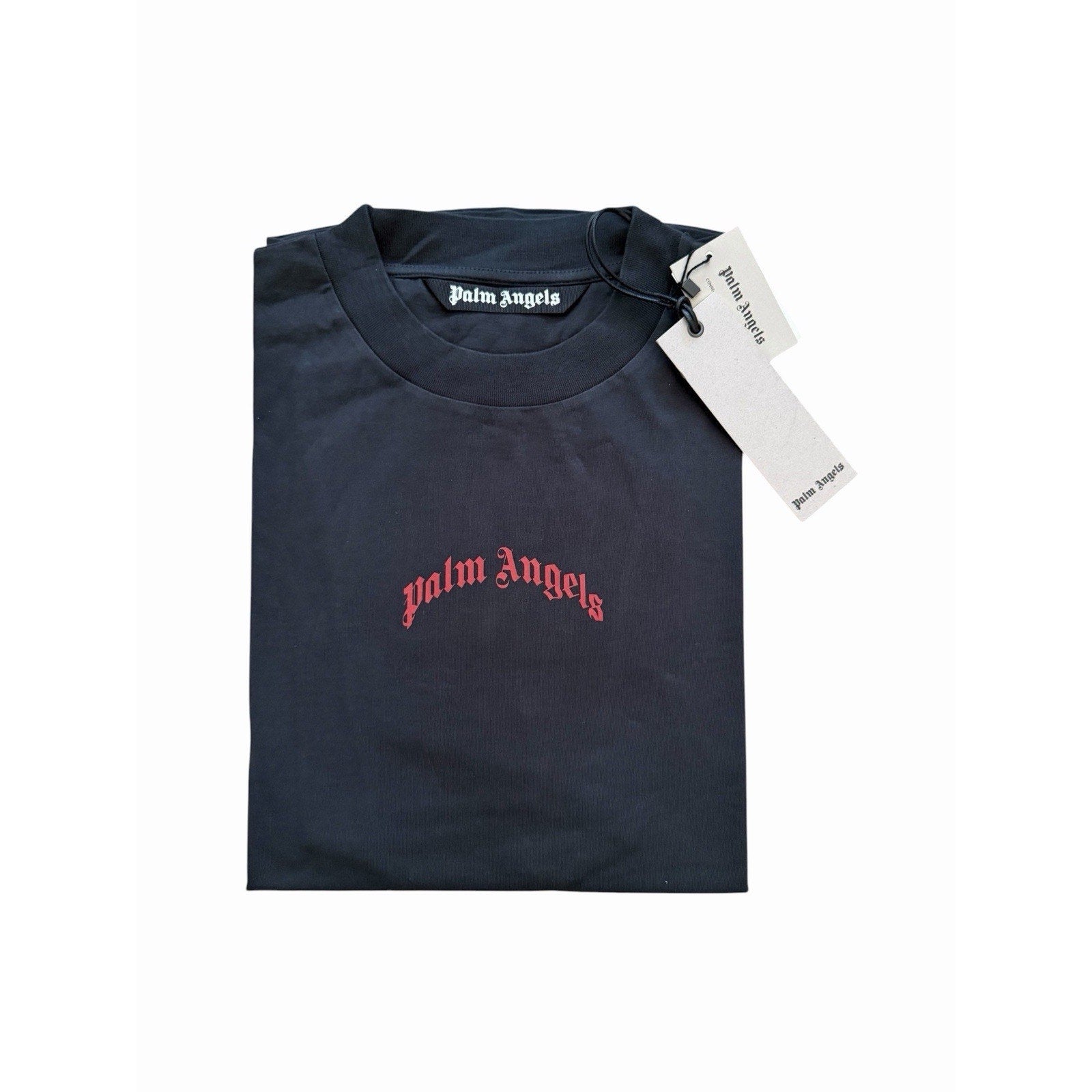 Palm Angels Mens Back Curved Logo Over T-Shirt Black Cotton Tee $330 Size XL