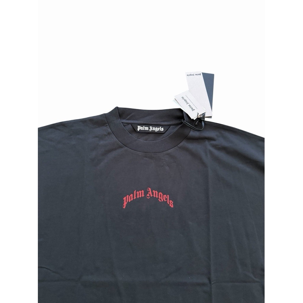Palm Angels Mens Back Curved Logo Over T-Shirt Black Cotton Tee $330 Size M