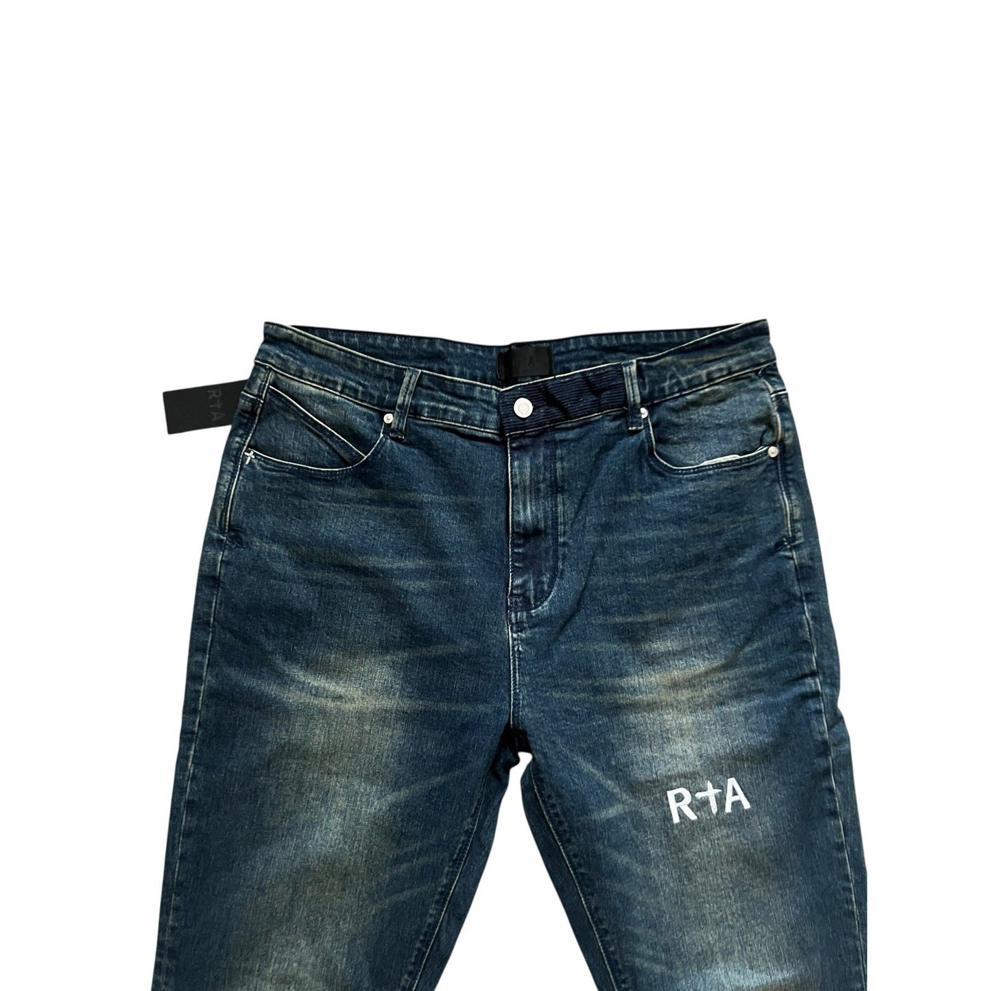 RtA Mens Logo Whiskered Jeans Slim Blue