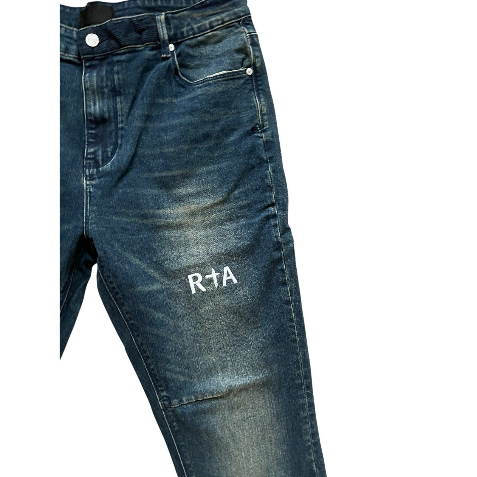 RtA Mens Logo Whiskered Jeans Slim Blue